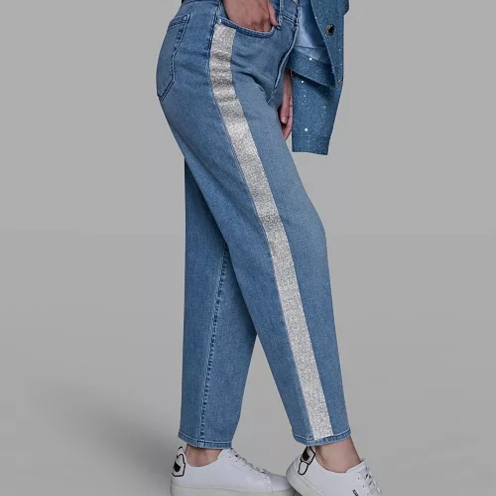 Karl Lagerfeld Light Blue Straight-Leg Jeans with Silver Rhinestone Stripe